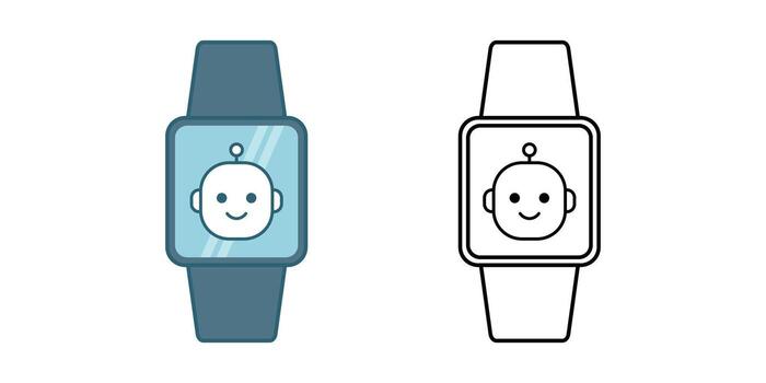 Wearable assistant icon featuring a smartwatch with a small AI face on screen. Perfect for ai companion gadgets, smart wearable design, and digital assistant concepts. vector