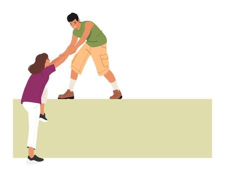 Man helping woman to climb on giant square geometric shape scene showcasing support in couple vector