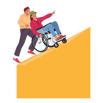 Man helping guy with disability sitting in wheelchair to climb up through giant geometric shape vector