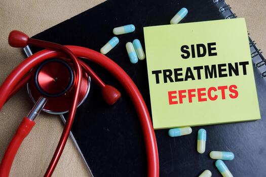 concepto de lado tratamiento efectos escribir en pegajoso notas aislado en de madera mesa. foto