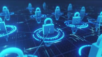 Digital security concept. Glowing blue padlocks, futuristic circuit board background. Represents data protection, network security, privacy, encryption, cyber defense. Ideal for technology, business. video