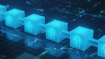 lysande blockchain kuber med hänglås ikoner symboliserar digital säkerhet, data skydd, kryptovaluta, säkra nätverk teknologi. abstrakt, trogen bakgrund. video