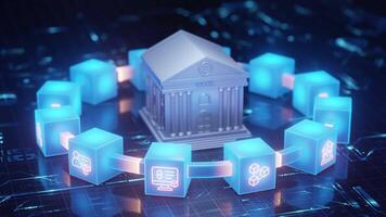 digital Bank byggnad ansluten till lysande blockchain kuber. representerar säkra, modern finansiell teknologi, fintech, och nätverk tjänster. idealisk för bank, kryptovaluta, data, och säkra betalning video