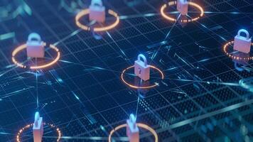 Digital security network with glowing padlocks, lines, data grid. Represents cybersecurity, blockchain, data protection, privacy, internet safety. Modern abstract background for technology, finance. video