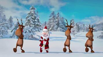 3d renderen animatie. grappig gek de kerstman claus en herten zijn dansen in de Kerstmis winter Woud. de concept van Kerstmis en nieuw jaar. video