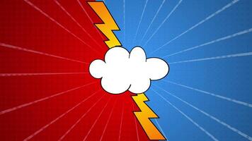 pop arte stile Diviso schermo sfondo con rosso e blu lati, mezzitoni modello, sunburst raggi, e un' comico nube con fulmine bullone per confronto video
