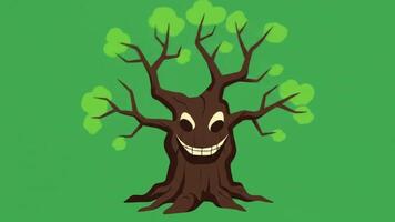 Animated Tree Character Smiling with Exaggerated Features on Green Background video