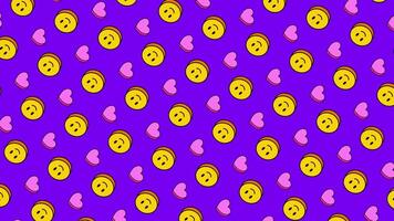 sömlös smiley och hjärta mönster i ljus pop- konst animering slinga. färgrik kärlek och lycka mönster för animerad bakgrund. glad romantisk emoji hjärta bakgrund för social media visuella video