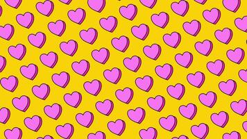 Rosa Herz Pop Kunst Muster auf Gelb Hintergrund Animation zum Valentinstag. süß romantisch animiert Muster Hintergrund mit Rosa Herzen auf hell Gelb Hintergrund mit Schleifen Übergang. 4k video