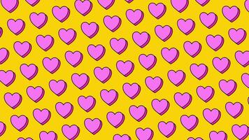 Pink heart pop art pattern on yellow background animation for valentine. Cute romantic animated pattern background with pink hearts on bright yellow backdrop with orbit transition. 4K video