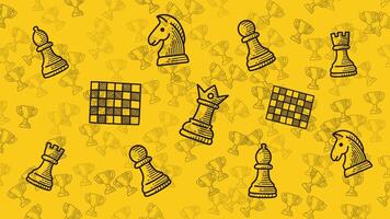 schack mönster bakgrund animering med rör på sig schack bitar och trofén för och webb. strategi spel animerad mönster. dynamisk schack rörelse bakgrund med gul trofén textur. 4k video