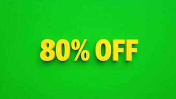 Bright green background with yellow 3D text reading '80 percent OFF' in a bold font with a shadow effect. video