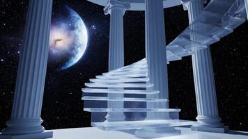 3d tolkning av en trappa med kolonner ledande till en himmelsk scen med en stor måne i de natt himmel. video