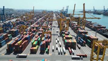 antenn se av en livliga behållare hamn med rader av färgrik frakt behållare och kranar nära en kropp av vatten under en klar himmel. video