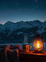 lo-fi virtuell bakgrund slinga vinter- natt på en balkong med en lykta och råna mot berg bakgrund video
