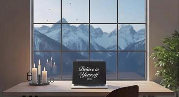 lo-fi virtuell bakgrund slinga skrivbord med bärbar dator visning tro i själv och berg se video