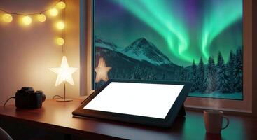 ispirando spazio di lavoro con digitale tavoletta, aurora Borealis Visualizza per digitale design ispirazione. senza soluzione di continuità looping 4k lasso di tempo virtuale animazione sfondo. video