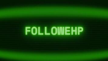 Old green TV screen showing text FOLLOWERS appearing in random glitch and coding style video