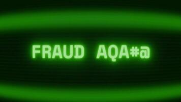 oud groen TV scherm tonen tekst fraude alarm verschijnen in willekeurig glitch en codering stijl video