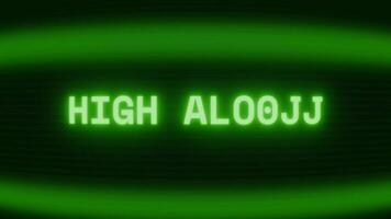 Old green TV screen showing text HIGH ALERT appearing in random glitch and coding style video