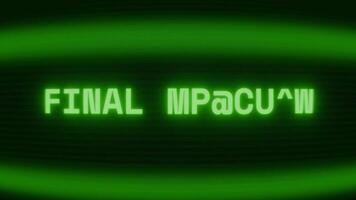 velho verde televisão tela mostrando texto final mensagem aparecendo dentro aleatória falha e codificação estilo video