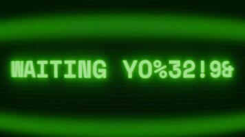Old green CRT screen showing text WAITING RESPONSE appearing in random glitch and coding style video