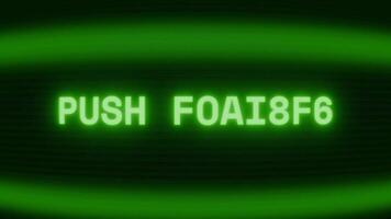 Old green CRT screen showing text PUSH FORWARD appearing in random glitch and coding style video