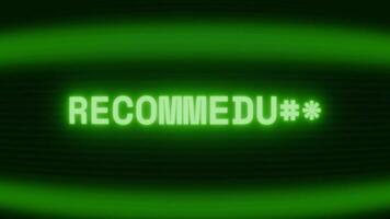 Old green CRT screen showing text RECOMMENDED appearing in random glitch and coding style video