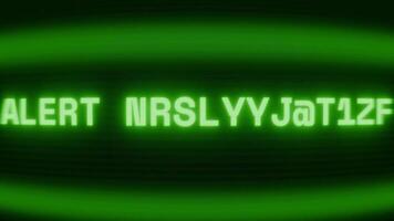 Old green CRT screen showing text ALERT NOTIFICATION appearing in random glitch and coding style video