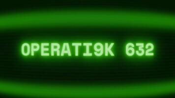 Old green CRT screen showing text OPERATION OFF appearing in random glitch and coding style video