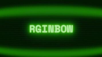 Old green CRT screen showing text RAINBOW appearing in random glitch and coding style video