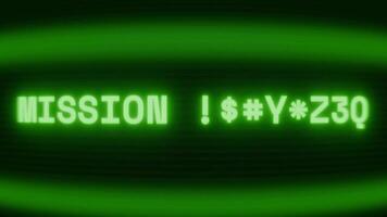 Old green CRT screen showing text MISSION COMPLETE appearing in random glitch and coding style video