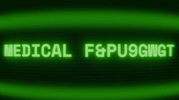 gammal grön TV skärm som visar text medicinsk nödsituation visas i slumpmässig tekniskt fel och kodning stil video