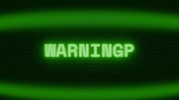 Old green CRT screen showing text WARNING appearing in random glitch and coding style video