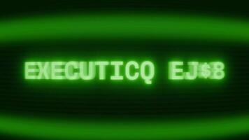 Old green CRT screen showing text EXECUTING TASK appearing in random glitch and coding style video