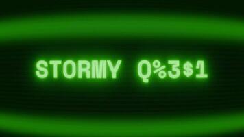 Old green CRT screen showing text STORMY NIGHT appearing in random glitch and coding style video