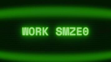 Old green CRT screen showing text WORK SMART appearing in random glitch and coding style video