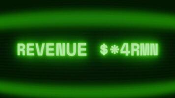 Old green CRT screen showing text REVENUE GROWTH appearing in random glitch and coding style video