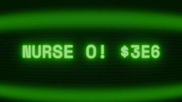 Old green CRT screen showing text NURSE ON DUTY appearing in random glitch and coding style video