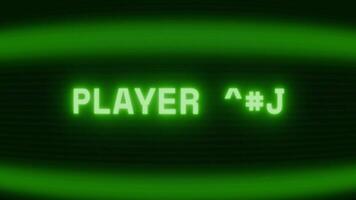 Old green CRT screen showing text PLAYER TWO appearing in random glitch and coding style video