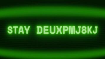 Old green CRT screen showing text STAY DETERMINED appearing in random glitch and coding style video