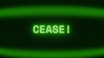 Old green CRT screen showing text CEASE appearing in random glitch and coding style video