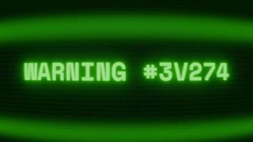 Old green CRT screen showing text WARNING SIGNAL appearing in random glitch and coding style video