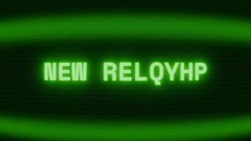 Old green CRT screen showing text NEW RELEASE appearing in random glitch and coding style video