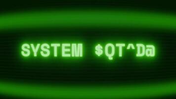 Old green CRT screen showing text SYSTEM HACKED appearing in random glitch and coding style video