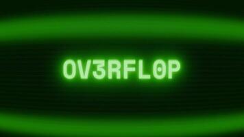 antiguo verde crt pantalla demostración texto ov3rfl0w apareciendo en aleatorio falla y codificación estilo video