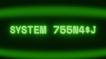 Old green CRT screen showing text SYSTEM MONITOR appearing in random glitch and coding style video
