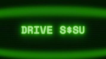 Old green CRT screen showing text DRIVE SAFE appearing in random glitch and coding style video