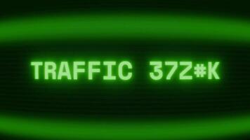 Old green CRT screen showing text TRAFFIC ALERT appearing in random glitch and coding style video