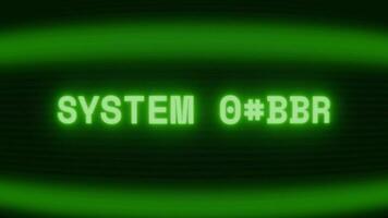 Old green CRT screen showing text SYSTEM CRASH appearing in random glitch and coding style video